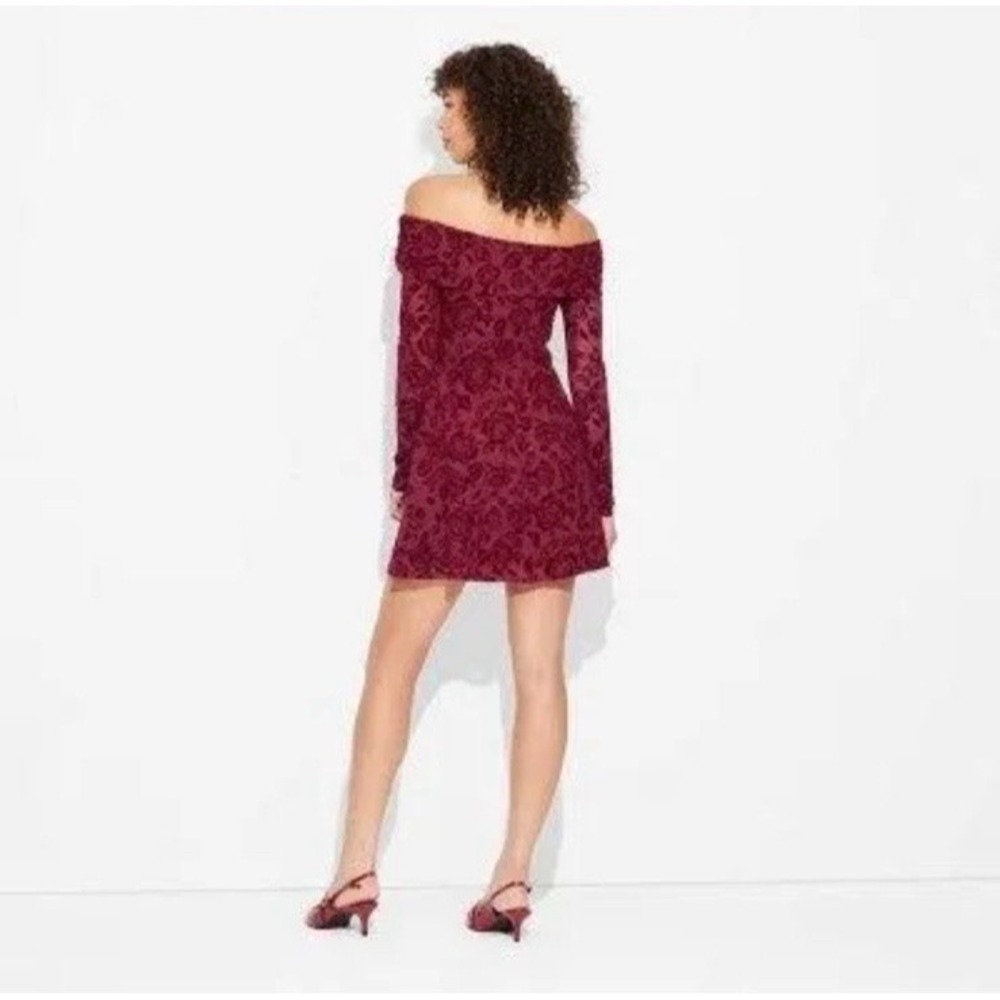 Women's M Long Sleeve Flocked Mini Fit & Flare Dress Off The Shoulder Wild Fable - Picture 2 of 2